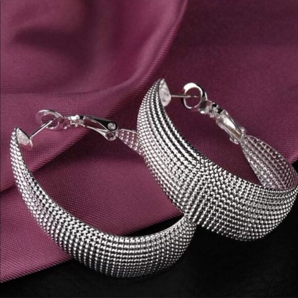 #14 925 Sterling Silver Mesh Hoop Earrings - Picture 1 of 6